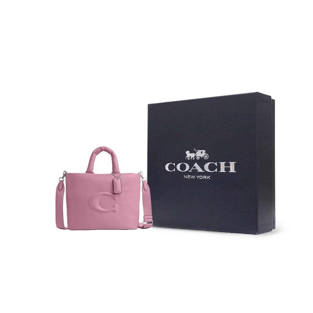 Coach Pillow Tote 34 Logo Top Zip Closure Smooth Leather Tote Bag Shopping Bag Shoulder Crossbody Handbag Large Women tote Silver Tulip CP095-SVQU