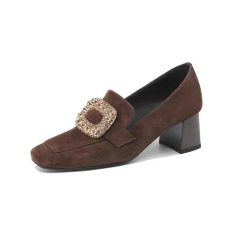 Женские туфли-лодочки с квадратным носком из замши на каблуке-оксфорде с пряжкой и кристаллами на весну и осень