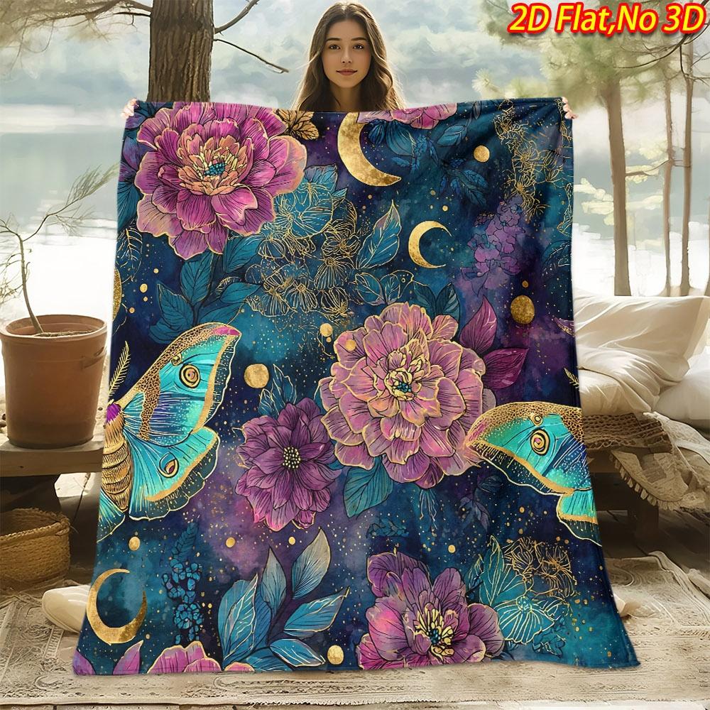 1pc 2D Flat Printing Spring & Summer New Arrival Vintage Dreamy Gilded Floral Crescent Moon Moth Themed Digital Print Blanket, Throw Blanket, Soft and