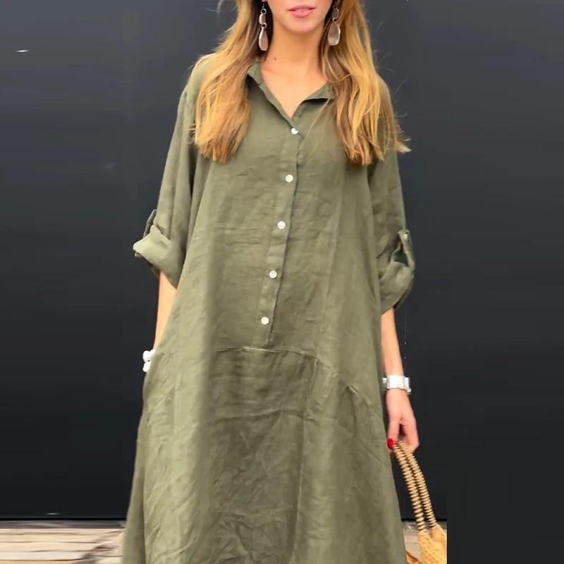 Women's Summer Casual Pockets Shirt Neck Long Dresses