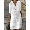 Women's Summer Cotton Linen Dress White Vintage Big Lapel 3 Buttons Half Sleeve Casual Dresses