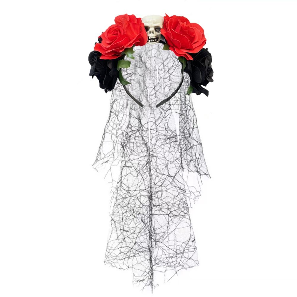Day Of The Dead Headpiece Comfortable Skull Rose Headband Cosplay Crown Exaggerated Black Veil Floral Hair Band For Cosplay
