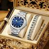 LP62 New 4pcs Alloy Square Men Quartz Movement Watch Waterproof Business Watch Cross Necklace Bracelet Ring Set Selected Gift