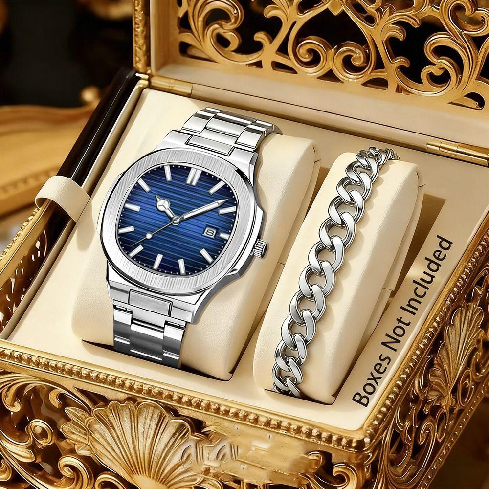 LP62 New 4pcs Alloy Square Men Quartz Movement Watch Waterproof Business Watch Cross Necklace Bracelet Ring Set Selected Gift