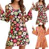Women's V-Neck Long Sleeved Dress With Casual Floral Print Flared Sleeve Skirt