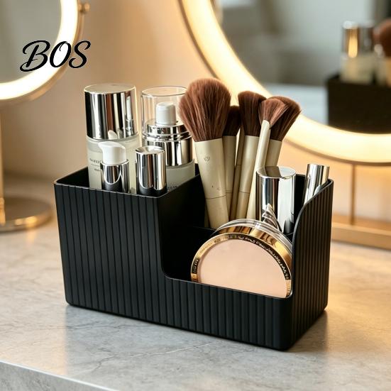 Office Desk Accessories Desktop Storage Box with Three Compartments, Vertical Stripes Plastic Countertop Rack Organizer, Space Saving Container