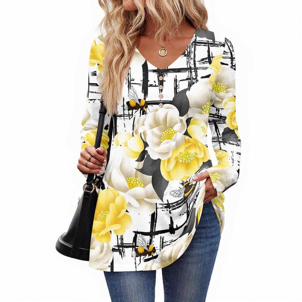 Women's Casual Fashion V-Neck Button Retro Floral Print Long Sleeve Top
