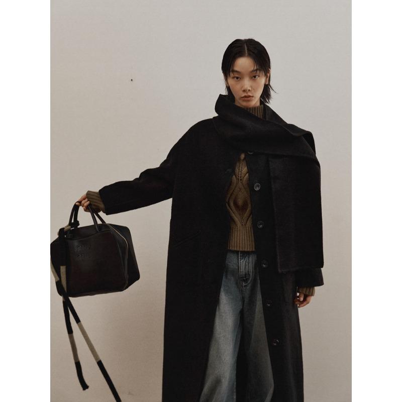 Lazy Style 100% Wool Coat for Women Winter Round Neck Double-sided Woolen Scarf Coat