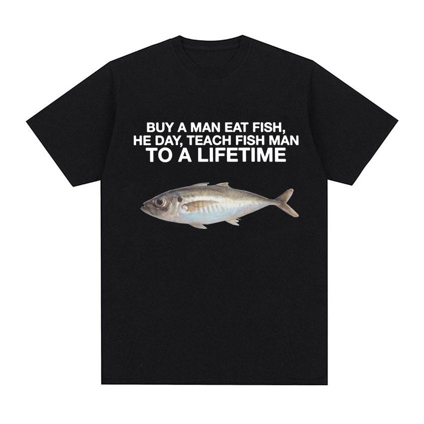 Футболка с забавной рыбкой и рисунком мема, мужская и женская футболка в стиле ретро, ​​модные футболки высокого качества, топы, повседневная футболка большого размера из 100% хлопка