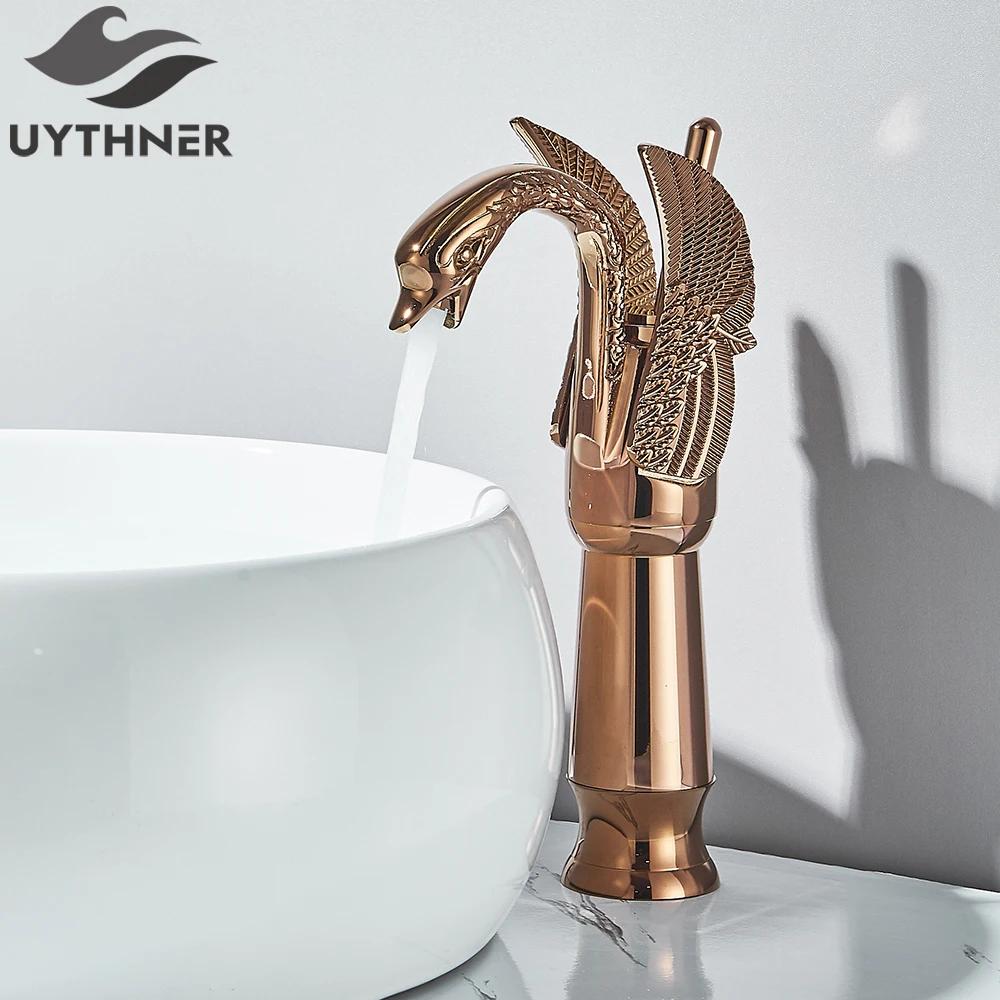 Uythner Luxury Swan Bath Basin Brass Faucet Cold and Hot Water Mixer Taps Black /Gold/Antique Bathroom Washbasin Crane