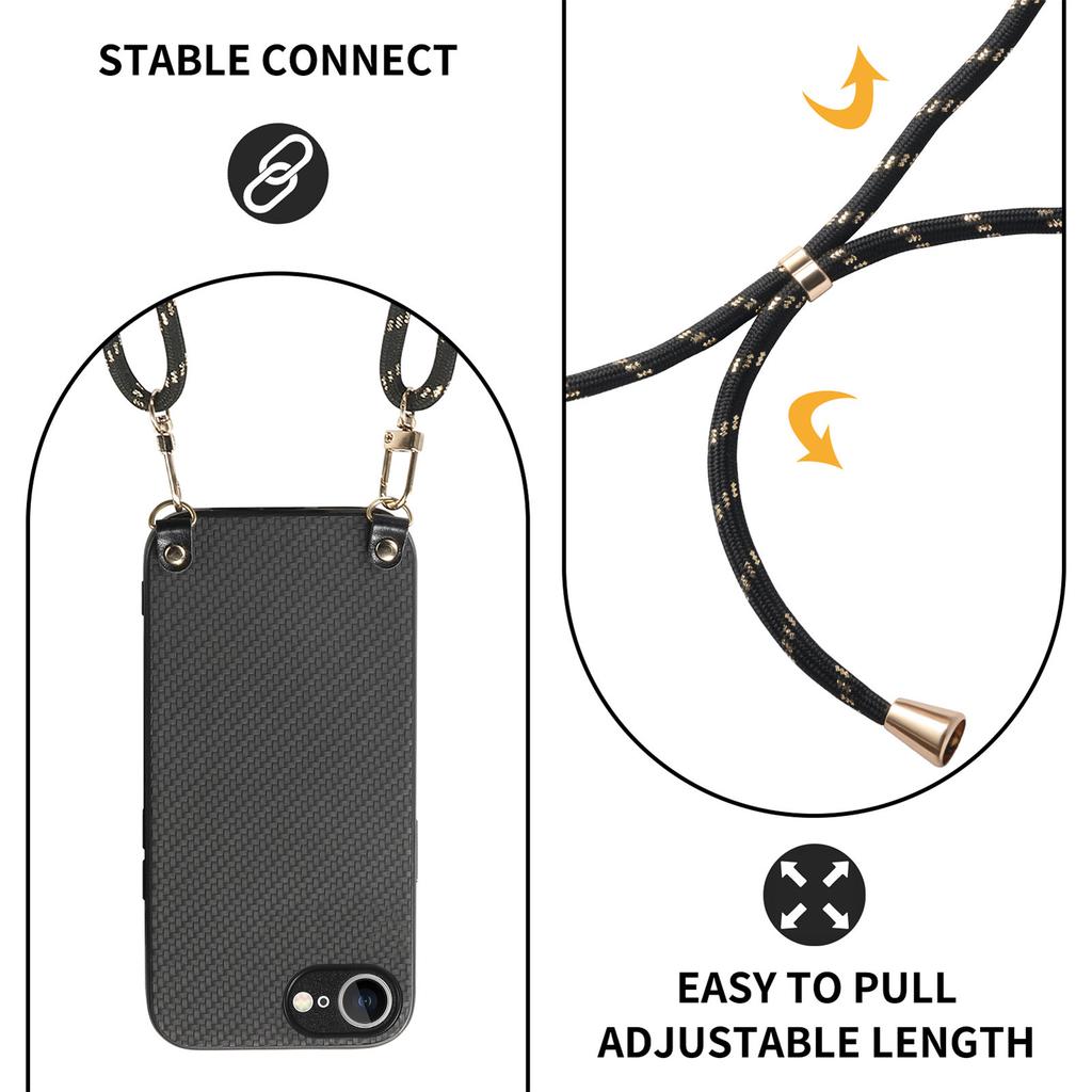 For iPhone 16e Case Carbon Fiber Texture PU+PC+TPU Anti Drop Phone Cover with Crossbody Lanyard
