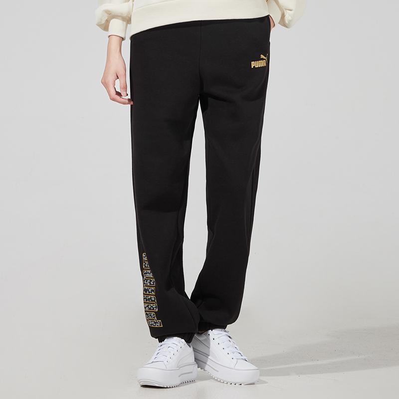 Puma Зимние спортивные штаны с принтом логотипа, свободный крой, завязка на шнурок, средняя посадка, манжеты, трикотажные спортивные штаны для женщин, черные 848248-01