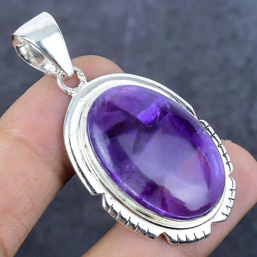 Natural Sage Amethyst Gemstone 925 Sterling Silver Jewelry Pendant 2.05" L9T74