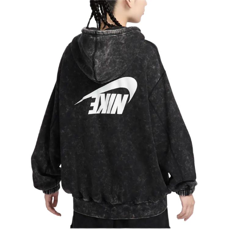 Nike Sportswear Washed Design Letter Logo Full Zip Hooded Jacket Women Jackets Black HQ4750-010