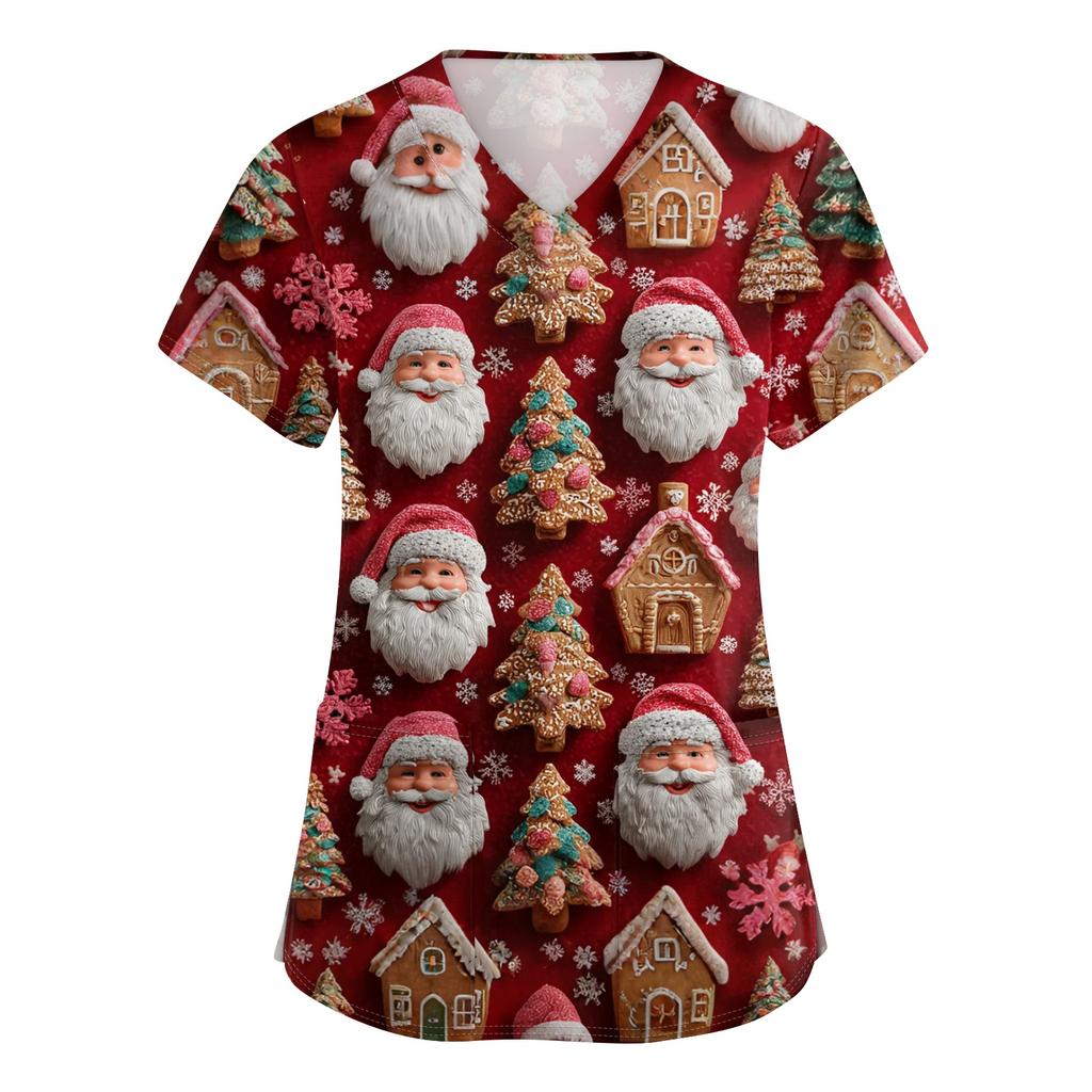 Женский топ защитного костюма с V-образным вырезом, рождественским принтом, короткими рукавами, карманом и боковым разрезом