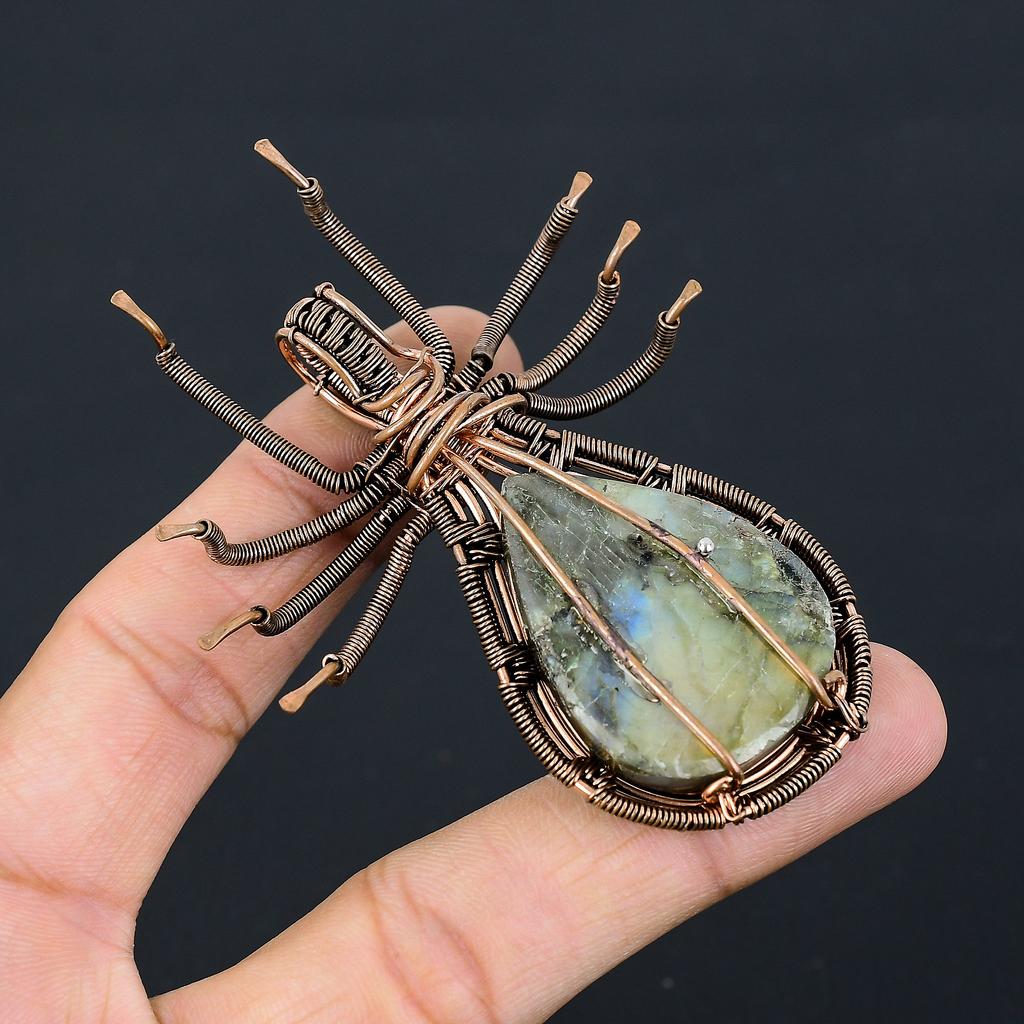 Подвеска-паук из медной проволоки ручной работы из натурального лабрадорита, 2,56 дюйма, A7Z94