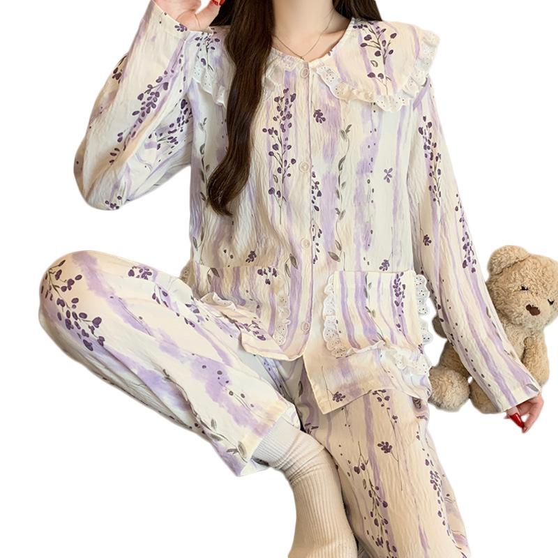 Light luxury elegant purple floral pajamas women's spring cloud cotton long-sleeved loungewear doll collar two-piece set