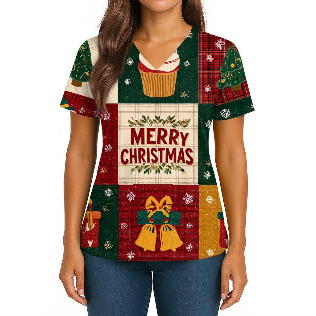 Women's Christmas Print V-Neck Double Pocket Short Sleeves Hem Slit Uniform And Caregiver Top
