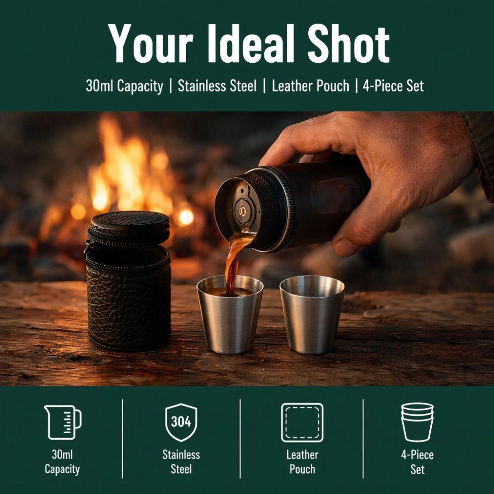 4pcs Stainless Steel Portable Tea Cup Black PU-Leather Case Whiskey Tumbler Cups Travel Use