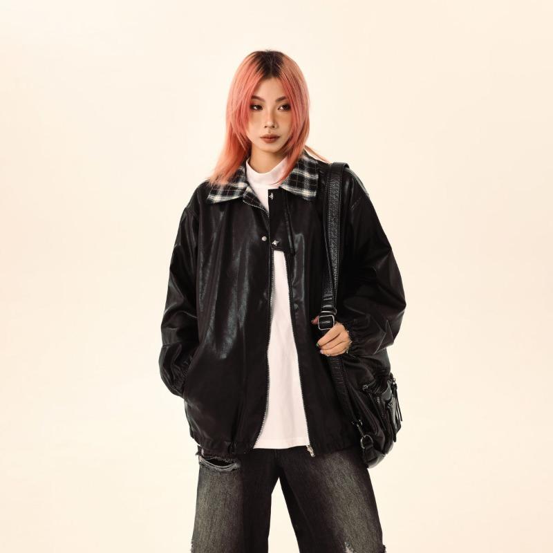 American Retro Brown Leather Jacket, Men's and Women's Autumn/winter Double-sided Jacket, Maillard Loose Plaid