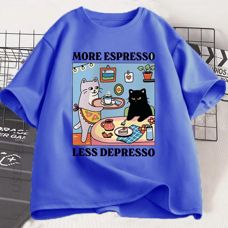 More Espresso Less Depresso Black Cat Tshirt Unisex Women Funny Coffee Cat T Shirt Casual Summer Cotton Short Sleeve Tshirt Tops