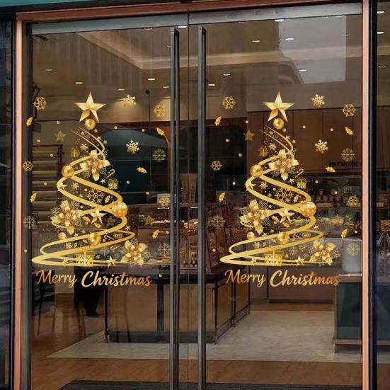 2/4Pcs Golden Christmas Tree Window Cling Removable Waterproof Merry Xmas Tree Static Glass Sticker Holiday Party Decoration Decal