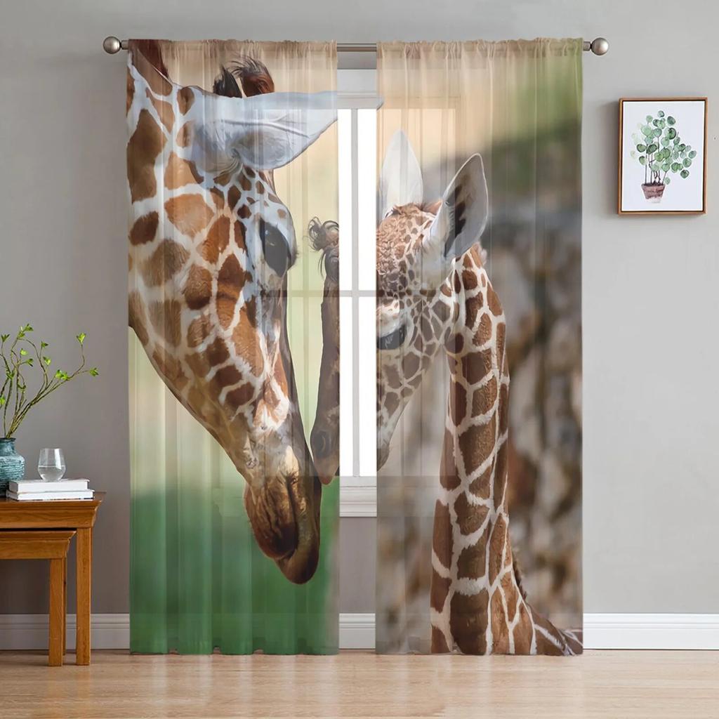 Giraffe Animal Oil Painting Tulle Curtains Balcony Room Fashion Printed Sheer Curtain Living Room Window Modern Decor