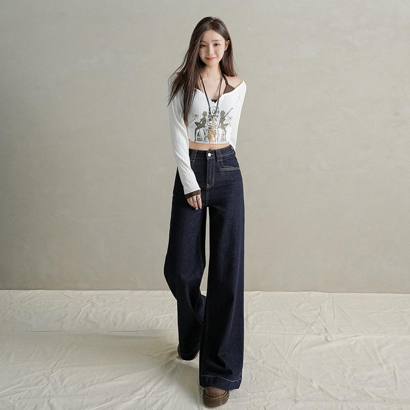 Spring new retro American jeans women's high waist loose drape elastic and thin floor-mopping wide-leg pants tide