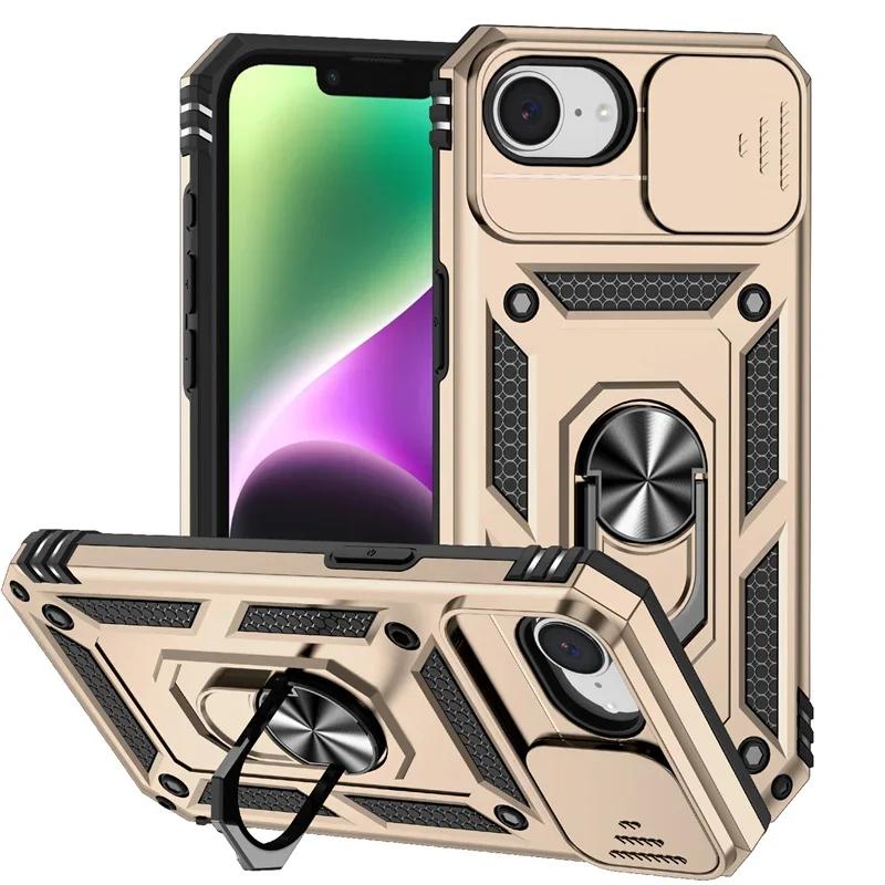 Бронированный чехол для iPhone 16e 16 15 14 13 12 11 Pro Max Plus Чехол Сдвижная защита камеры Защитное кольцо Держатель Ударопрочная крышка