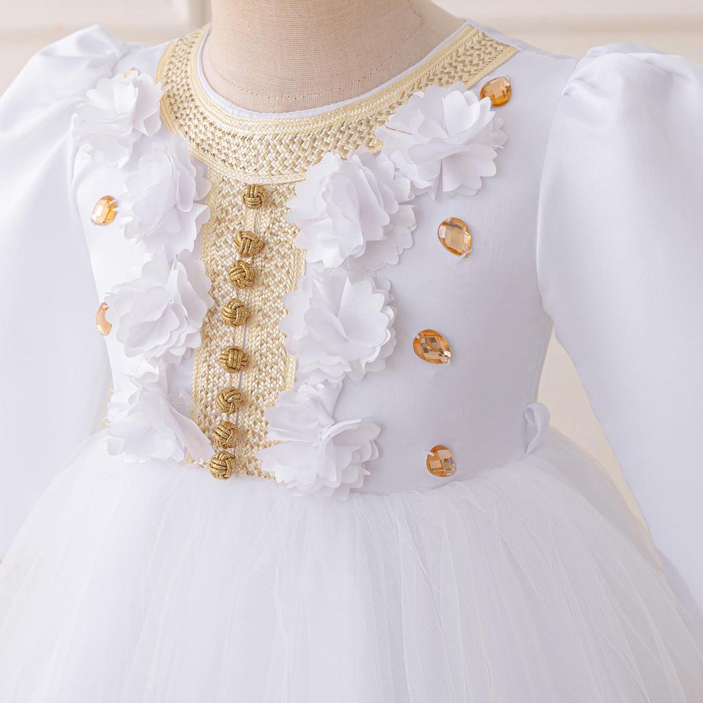 Детское вечернее платье принцессы - Длинный рукав, круглый вырез, плиссированный дизайн с сетчатой аппликацией