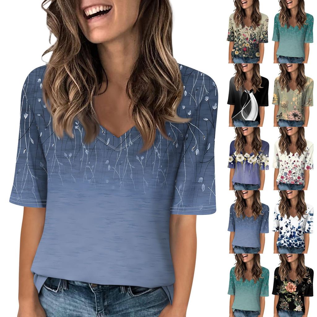 Shirts For Women Trendy V Neck T Shirts Casual Printed Summer Tees T Shirt Blouse Half Sleeve Tops For Women