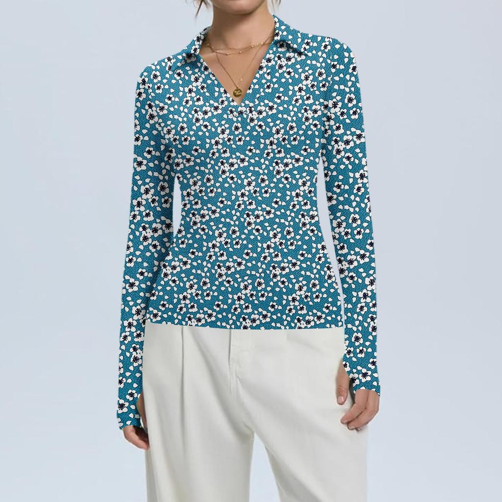 Женская Мода Повседневный Принт V-образный Вырез Длинный Рукав Застежка на Пуговицы Топ