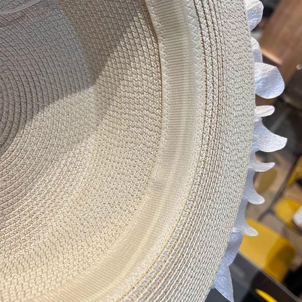 Petal Lace Flat Top Hat Pearl Trim Summer Hat New Straw Sun Hat for Beach and Daily Wear