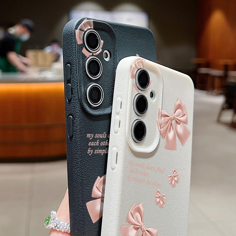 Pink Bowknot Print Leather Texture TPU Soft Case For Samsung S25 Ultra S24 FE S23 A56 A16 A55 A36 A26 A15 Lens Protection Matte Shockproof Phone Cover
