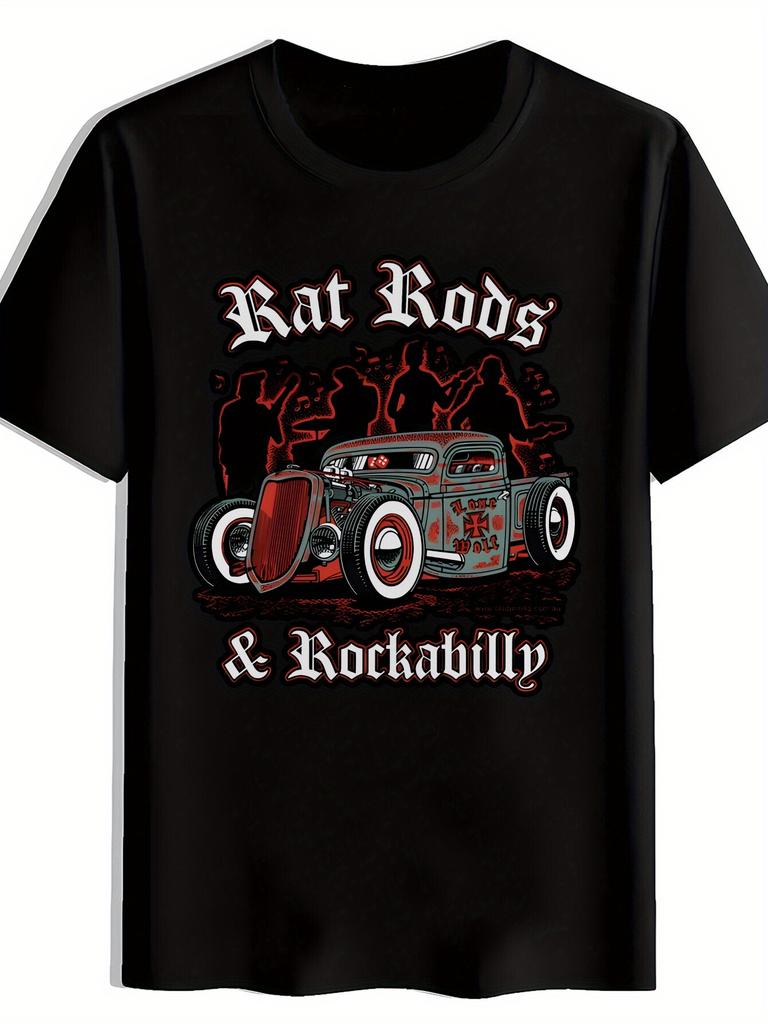 Vintage Rock Band Graphic T-shirt - Black Short Sleeve Round Neck Tee with RAT RODS & ROCKABULLY Design
