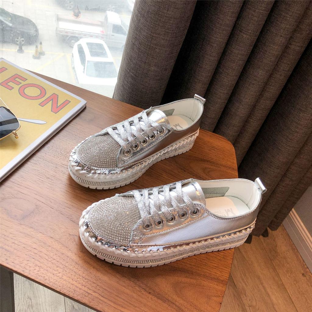 Women Shoes Diamond Setting Platforms Casual PU Walking Flats Lace Up Shoes Sneaker Plus Size 44