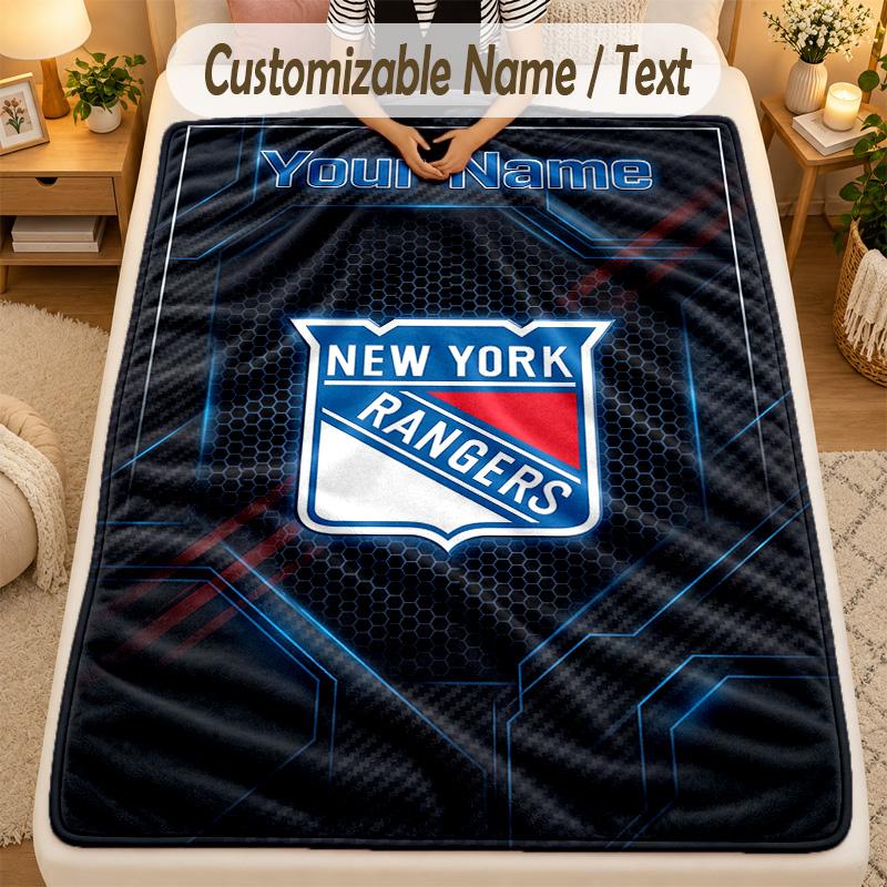 Flannel BlanketNew York Rangers Custom Name Text Personalized Soft Warm Throw Blanket Home Decor Gift