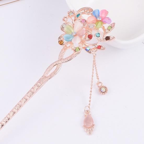 Women Hair Stick Chinese Style Vintage Colorful Rhinestone Flower Decor Tassel Hollow Out Exquisite Stainless Alloy Lightweight Hair Fork Hanfu