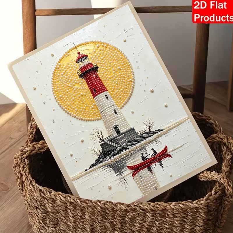 Pearl Painting Set Pearl Art DIY Handmade Crafts Lighthouse Sunset Boat Lake Seascape Reflection Red Tower Home Wall Decoration