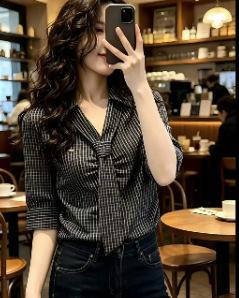 Fashion design lapel tie striped shirt women's summer fashion foreign light ripe versatile thin shirt