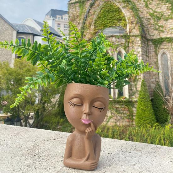 Face Planter Pot with Drainage Hole Resin 3D Women Head Figurine Flowerpot Indoor Outdoor Plants Container Home Balcony Garden Decoration
