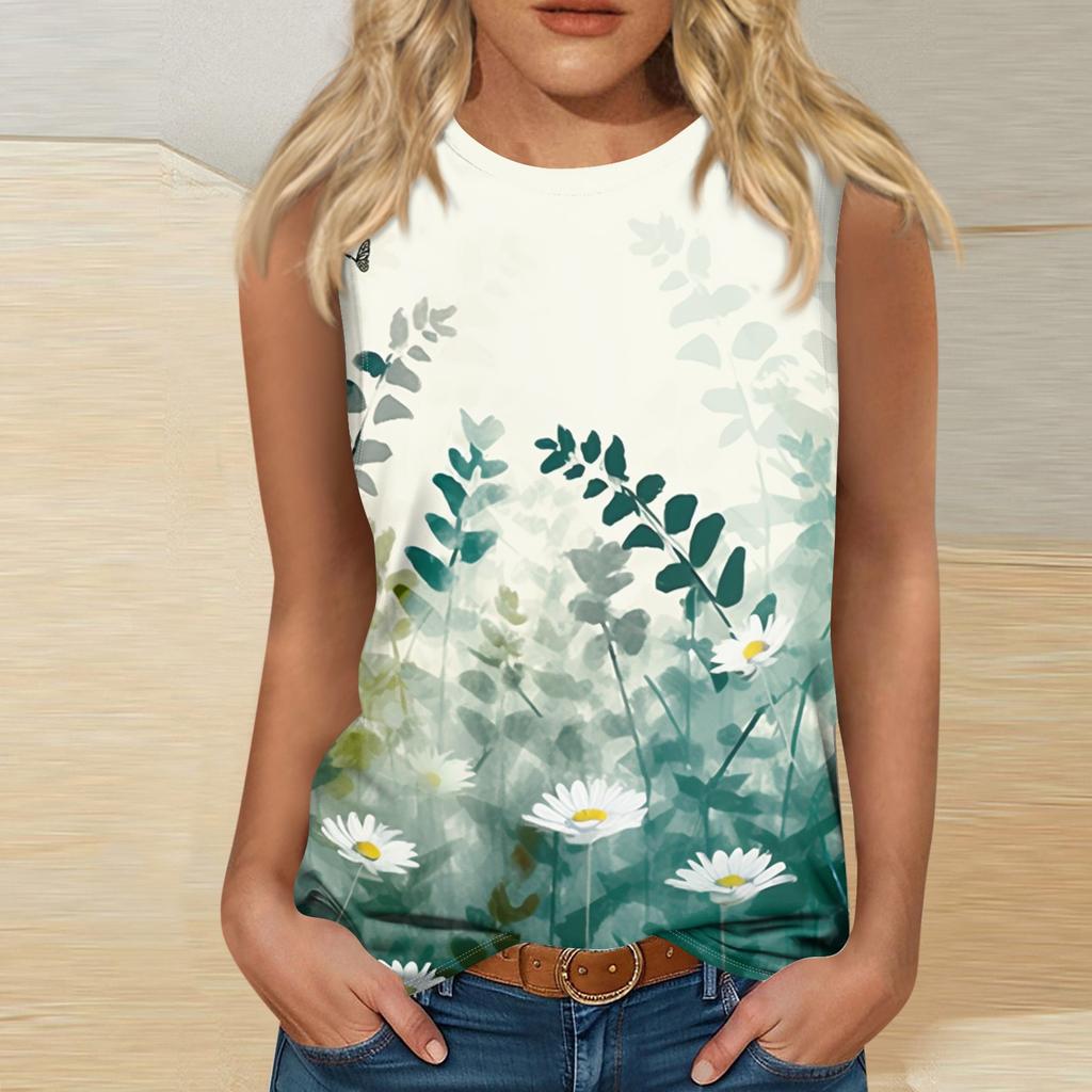 Women's Fashion Summer Round Neck Tank Top Lightweight Sleeveless Print Tank Top