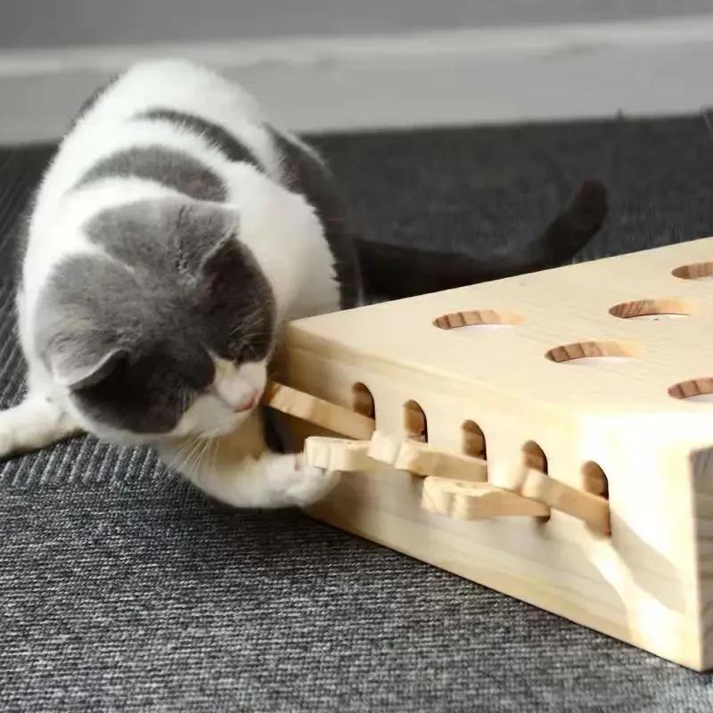 Funny Cat Hunt Puzzle Toy Wooden Maze Pet Hit Hamster Catch Bite Interactive Toys With 5-holed Mouse Holes Cats Toy Pet Supplies