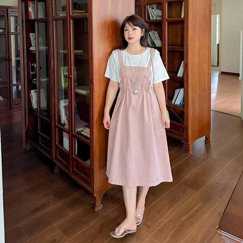 Large size women's clothing polka dot fake two-piece strap skirt summer new waist age-reducing dress 212484