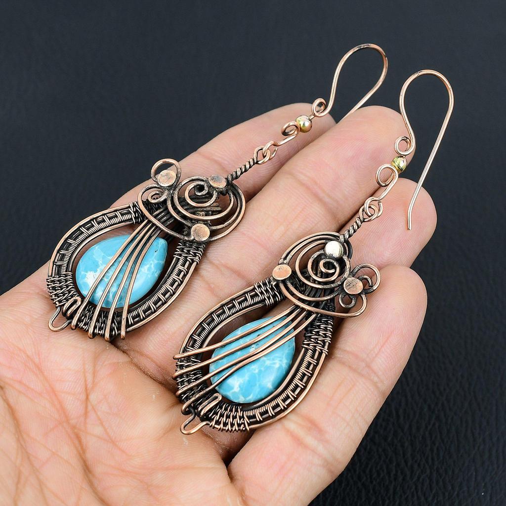Ларимар драгоценный камень ручной работы серьги из чистой медной проволоки ювелирные изделия на День памяти