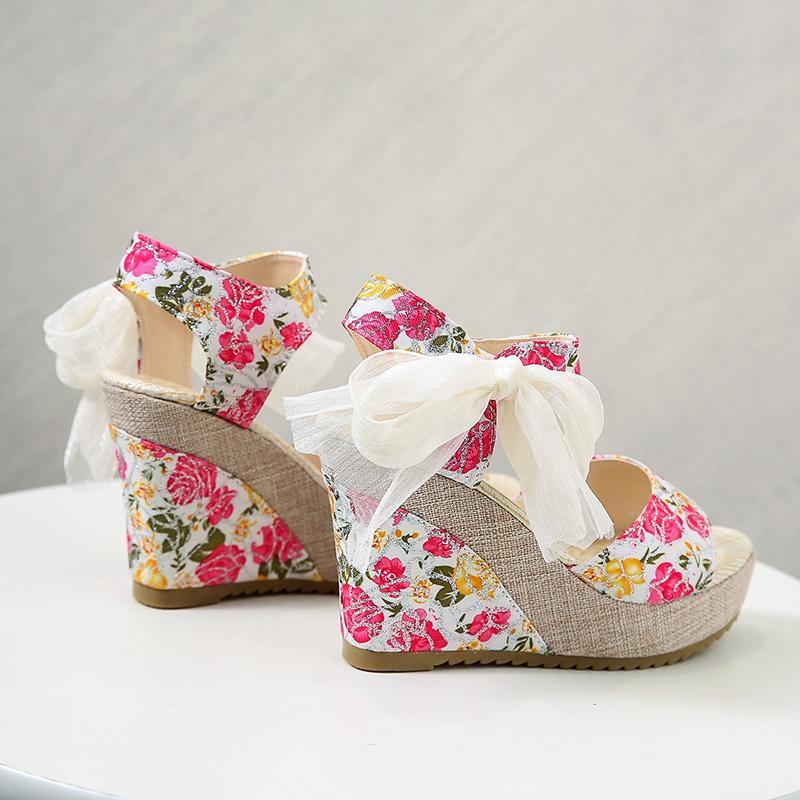 Модные Абсолютно Новые Женские Босоножки на Платформе С Открытым Носком Модные Босоножки На Высоком Каблуке с Цветочным Принтом Шнуровка Босоножки Женские Повседневные Туфли Для Вечеринок