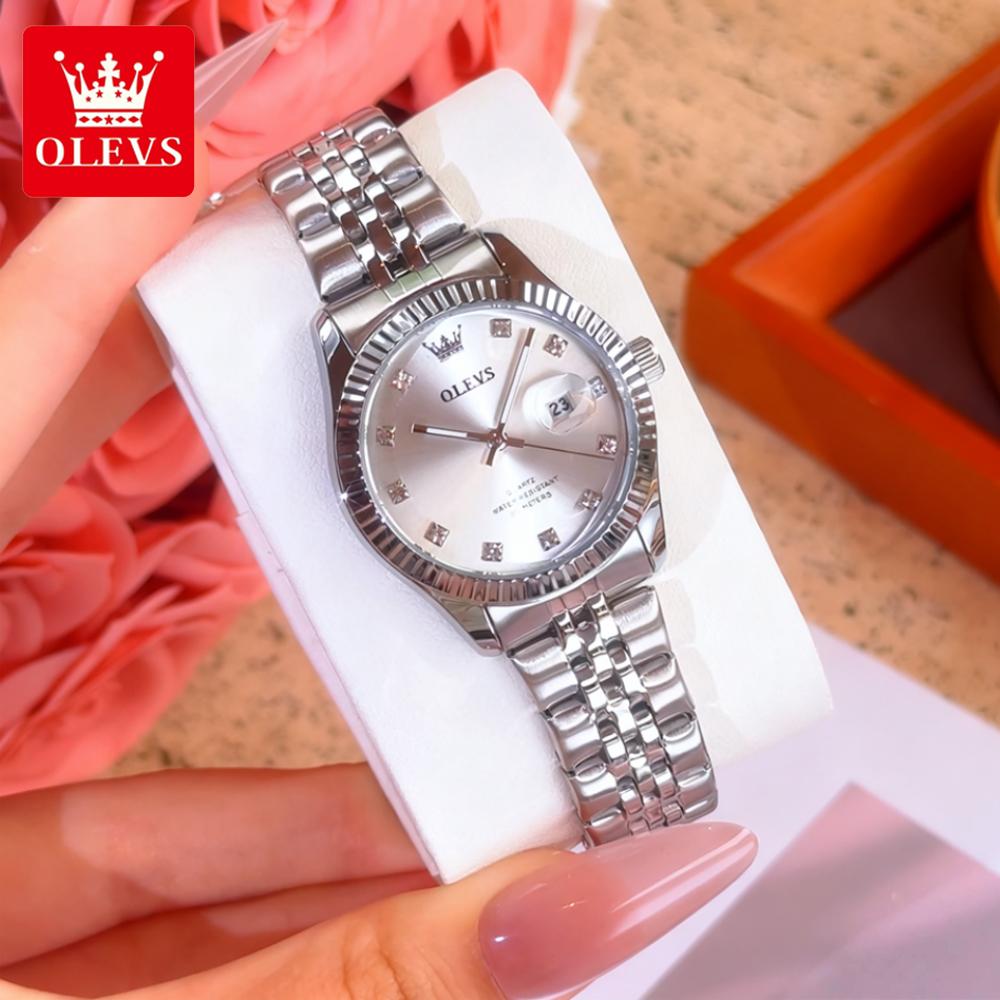 OLEVS Women's Watches Trend Fashion Silver Stainless Steel Original Brand Wristwatch Big Date Texture Threaded Bezel Waterproof