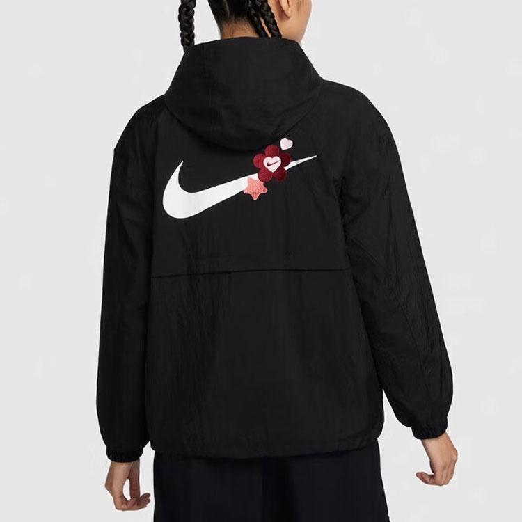 Nike Серия Дня святого Валентина с цветочной вышивкой и логотипом. Куртка с длинными рукавами и капюшоном. Женская верхняя одежда черного цвета HF1130-010.