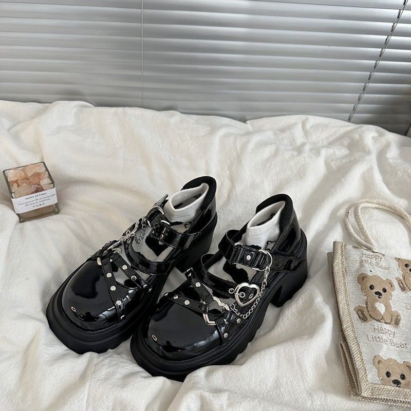 Thick High Heel Thick Sole Heightening Mary Jane Shoes Women's Retro Versatile British Style Niche Design Chain Versatile Small Leather Shoes