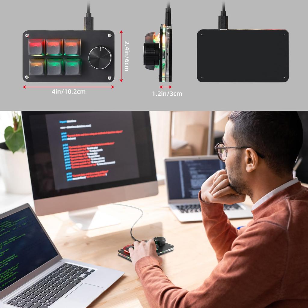 Koolertron Устройство для левой руки, Макро-клавиатура, Программируемая клавиатура, 6 клавиш, 1 ручка, Назначаемая макро-функция, Проводное подключение, RGB